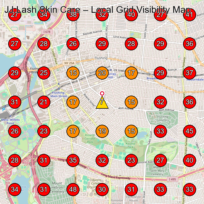 JJ Lash Skin Care GeoGrid visibility map for Sala³N De Pestaa±As in Forest Hills